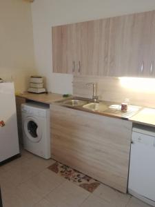 a kitchen with a sink and a washing machine at Luxury in El Haouaria