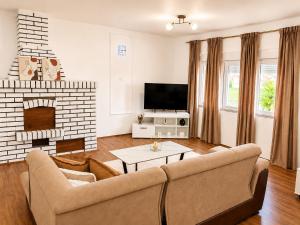 a living room with a couch and a fireplace at Vila Elena in Gevgelija +40 photos
