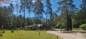 a path through a park with a barn and trees at Domaine Plan Bois in Ballaison
