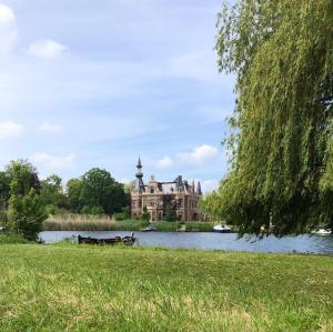 a castle in the middle of a lake with two cows at Bed en Breakfast 1394 in Nederhorst den Berg