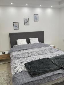 a bedroom with a large bed with a blanket on it at Diamond apartment in Kikinda