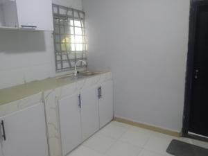 a white kitchen with a sink and a window at Edo Global Boutique apartment in Benin City