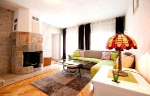 a living room with a couch and a fireplace at Stone house Lila Kamenmost Imotski in Kamenmost