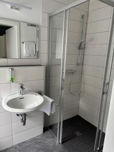 a bathroom with a sink and a shower at Die Heilsbach gGmbH in Fischbach +19 photos