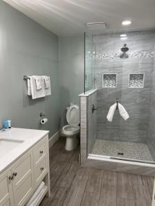 a bathroom with a shower with a toilet and a sink at The Conch House Marina Resort in St. Augustine