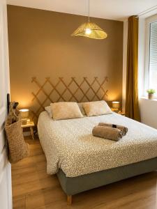 a bedroom with a large bed and a lamp at Casa Luna in Saint-Chamond