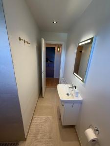 a bathroom with a white sink and a mirror at Guesthouse Leon - Historic Home Near City Center with Free Parking in Tórshavn +23 photos