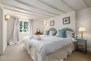 a bedroom with a large white bed with blue pillows at Fernhalls Mill in Munslow