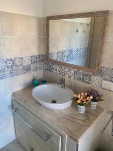 a bathroom sink with a mirror and flowers on it at Mediterranean Sea Shell Pool House in Budoni +17 photos