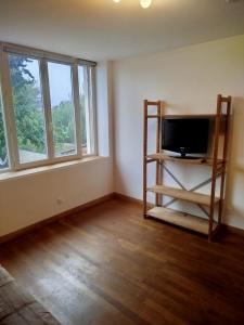 an empty living room with a tv and a shelf at Small modern air-conditioned cocoon in Châteauroux