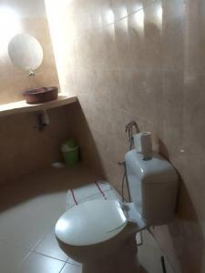 a bathroom with a white toilet and a bath tub at Ecolodge EcoFarm Fimela in Fimela +20 photos
