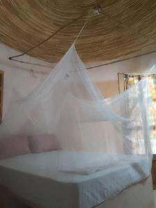 a bed with a net on top of it at Ecolodge EcoFarm Fimela in Fimela