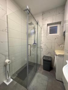 a bathroom with a glass shower with a sink at Apartman Helena in Senj +46 photos