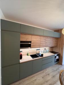 a kitchen with green cabinets and wooden walls at Olive II Apartman in Alsóörs
