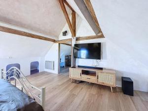 a bedroom with a bed and a flat screen tv at Charming studio Terrace and parking in Le Mans
