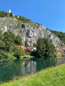 a river in front of a mountain with a village at Bungaloase in Kelheim