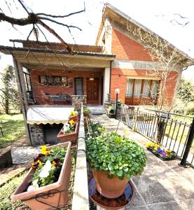 a house with several plants in pots in front of it at Casa Della Nonna in Radicofani
