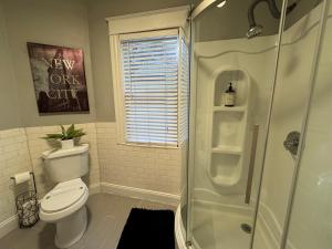 a bathroom with a toilet and a shower at Downtown Lake Eola Historic House 1 OR 2 BED in Orlando