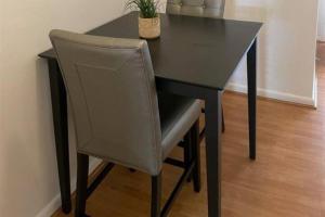 a black table with a chair and a plant on it at Retro lake Eola 1 Bedroom Condo Thornton park in Orlando