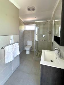 a bathroom with a toilet and a sink and a shower at Wellway Place in Durbanville