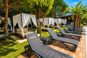 a row of chaise lounges in a yard with trees at 216 North Hotel in Ağva