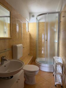 a bathroom with a shower and a toilet and a sink at Apartments Lončar in Gradac +28 photos