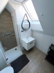 a bathroom with a shower and a sink and a mirror at Przystanek Borucino in Borucino +6 photos