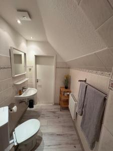 a white bathroom with a sink and a toilet at Ostseekoje Koje 6 in Süssau