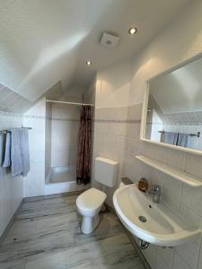 a white bathroom with a toilet and a sink at Ostseekoje Koje 6 in Süssau