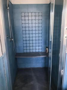 a blue bathroom with a shower with a glass door at Azzurrina in Marettimo