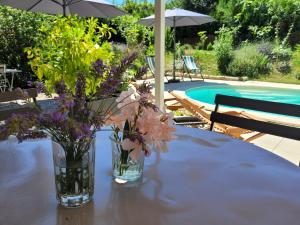 two vases of flowers on a table next to a pool at chambres d'hôtes BARTAV aile in Espeluche +8 photos