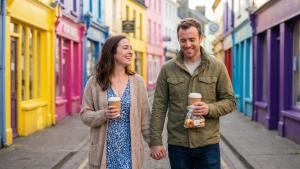 a man and a woman walking down a street at The Blue Haven Hotel in Kinsale +26 photos