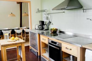 a kitchen with a counter top and a stove top oven at Gîte Le Cot en Vallée d'Ossau in Sainte-Colome