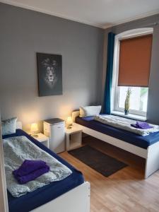 a bedroom with two beds and a window at Stadtnah an der Förde 65 2 in Flensburg