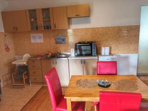 a kitchen with a wooden table and red chairs at Apartment Boka in SJJ