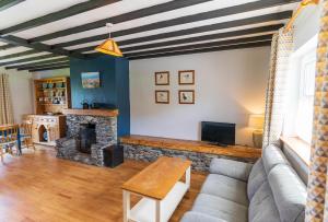 a living room with a couch and a fireplace at Perewinkle Cottage - Portmagee in Lateeve