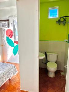 a bathroom with a toilet and a green wall at Bulan Guesthouse in San Isidro