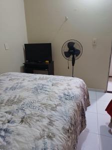 a bedroom with a bed and a fan at Casa de Lagoa Nova in Martins