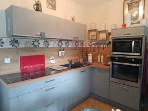 a kitchen with a sink and a microwave at Gîte de L'embarcadère in Moustéru