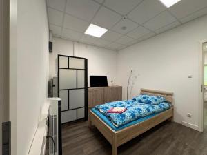 a bedroom with a bed and a tv in it at HörneNest Balje - Ferienwohnung zwischen Elbe & Oste in Balje
