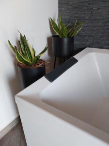 a white table with two potted plants in a room at B&B Radici24 in Battipaglia +50 photos