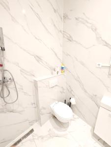 ein weißes Badezimmer mit Toilette und Dusche in der Unterkunft Lovely Apartment - 15 Min from Airport & City Center EZ 9 6 in Wien