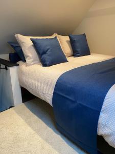 a bedroom with a bed with blue and white pillows at Hawks Hideaway in Warminster