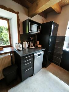 a kitchen with a black refrigerator and a microwave at Studio des 3 bassins in La Chapelle-Blanche