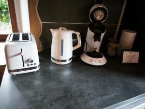 a counter top with a coffee maker and a blender at Studio des 3 bassins in La Chapelle-Blanche