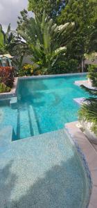 a large swimming pool with blue water and trees at EBENEZER Apartment in Diani Beach +14 photos