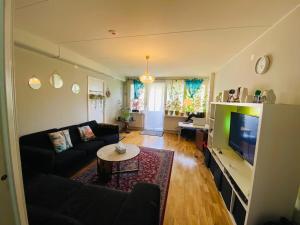a living room with a couch and a tv at Adam1 in Uppsala