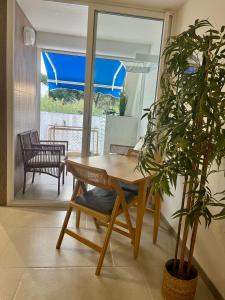 a wooden table and a potted plant in a room at Cosy Sunnyland, accès direct plage et parking privatif in La Grande Motte