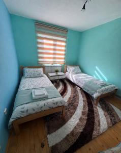 two beds in a room with blue walls at Canovic vacation in Plav