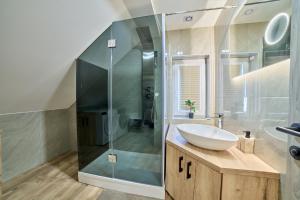 a bathroom with a sink and a glass shower at Apartmaji na Pošti in Podsreda +43 photos